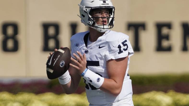 Sep 30, 2023; Evanston, Illinois, USA; Penn State Nittany Lions quarterback Drew Allar (15) passes against the Northwestern Wildcats during the first half at Ryan Field. Mandatory Credit: David Banks-USA TODAY Sports