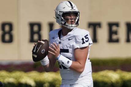 Sep 30, 2023; Evanston, Illinois, USA; Penn State Nittany Lions quarterback Drew Allar (15) passes against the Northwestern Wildcats during the first half at Ryan Field. Mandatory Credit: David Banks-USA TODAY Sports