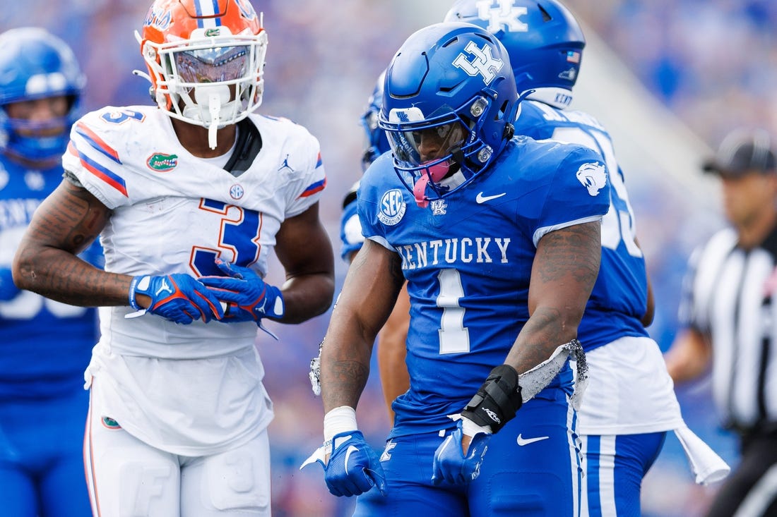 Sep 30, 2023; Lexington, Kentucky, USA; Kentucky Wildcats running back Ray Davis (1) celebrates during the fourth quarter against the Florida Gators at Kroger Field. Mandatory Credit: Jordan Prather-USA TODAY Sports