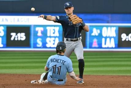 Sep 30, 2023; Toronto, Ontario, CAN;   Tampa Bay Rays second baseman Curtis Mead (25) throws to first for a double play after forcing out Toronto Blue Jays shortstop Bo Bichette (11) in the eighth inning at Rogers Centre. Mandatory Credit: Dan Hamilton-USA TODAY Sports