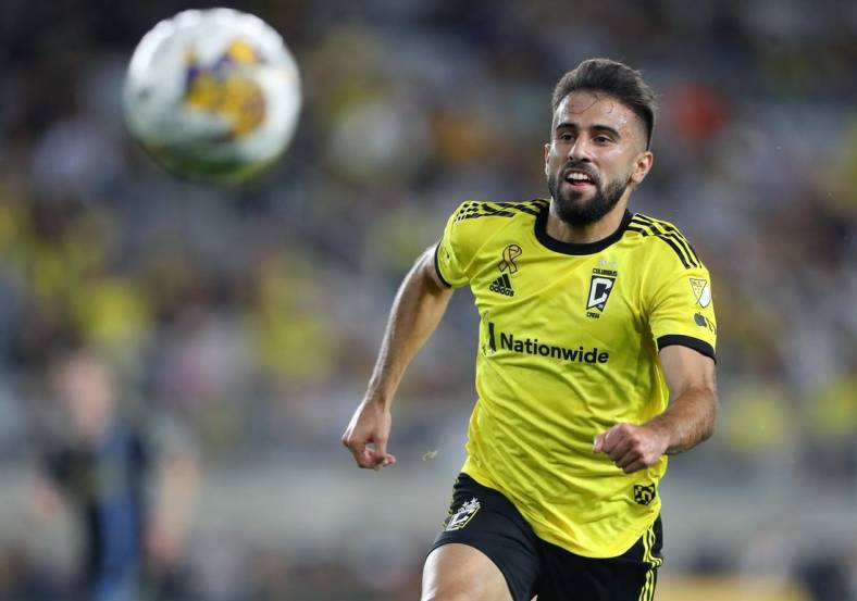 Sep 30, 2023; Columbus, Ohio, USA;  Columbus Crew forward Diego Rossi (10) chases down the ball during the first half against the Philadelphia Union at Lower.com Field. Mandatory Credit: Joseph Maiorana-USA TODAY Sports