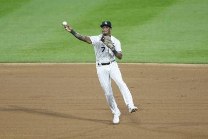 Sep 30, 2023; Chicago, Illinois, USA; Chicago White Sox shortstop Tim Anderson (7) throws to first base for a San Diego Padres out during the sixth inning at Guaranteed Rate Field. Mandatory Credit: Kamil Krzaczynski-USA TODAY Sports