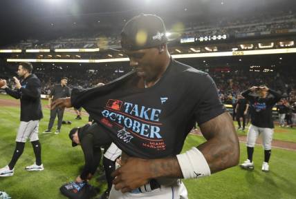 Sep 30, 2023; Pittsburgh, Pennsylvania, USA;  Miami Marlins center fielder Jazz Chisholm Jr. (2) celebrates on the field after the Marlins defeated the Pittsburgh Pirates at PNC Park to secure a berth in the 2023 MLB playoffs. Miami won 7-4.  Mandatory Credit: Charles LeClaire-USA TODAY Sports
