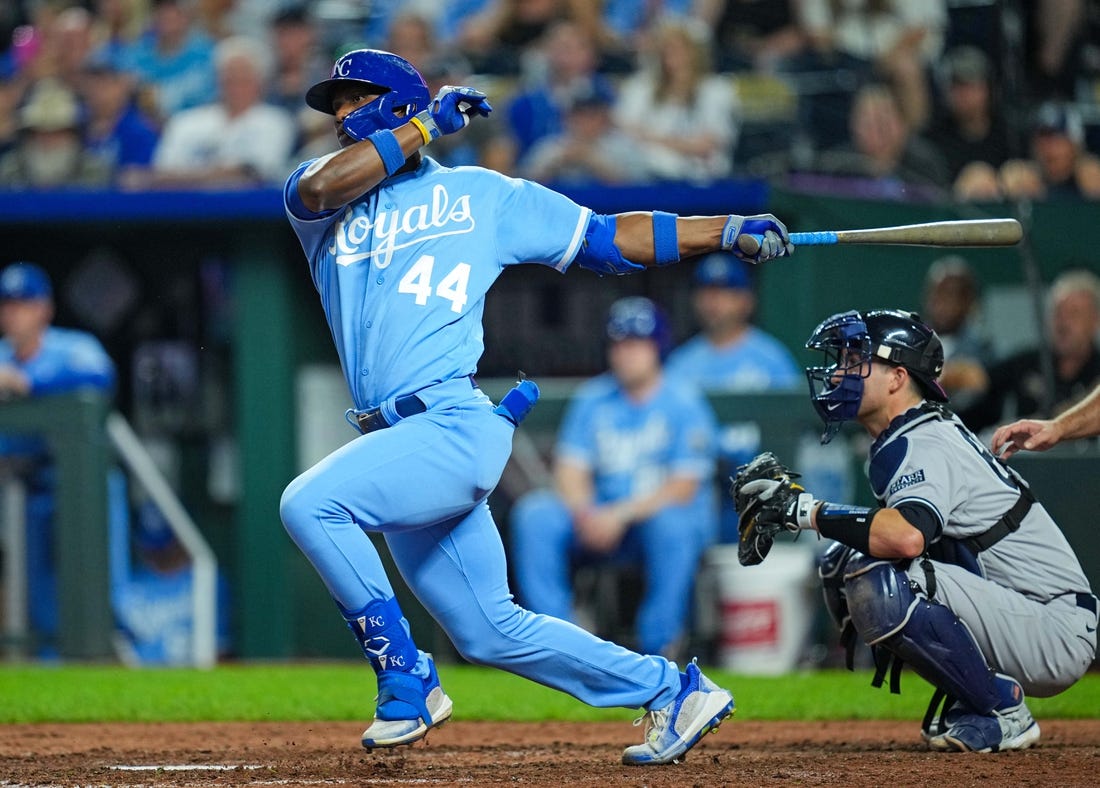 Sep 30, 2023; Kansas City, Missouri, USA; Kansas City Royals left fielder Dairon Blanco (44) hits a double against the New York Yankees during the sixth inning at Kauffman Stadium. Mandatory Credit: Jay Biggerstaff-USA TODAY Sports