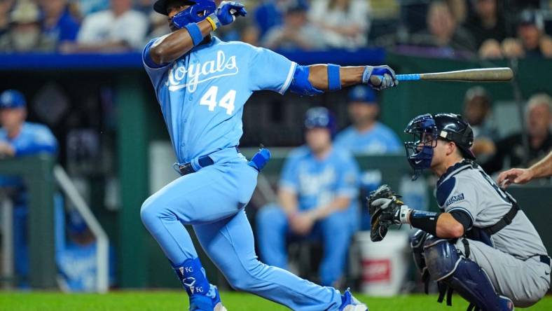 Sep 30, 2023; Kansas City, Missouri, USA; Kansas City Royals left fielder Dairon Blanco (44) hits a double against the New York Yankees during the sixth inning at Kauffman Stadium. Mandatory Credit: Jay Biggerstaff-USA TODAY Sports