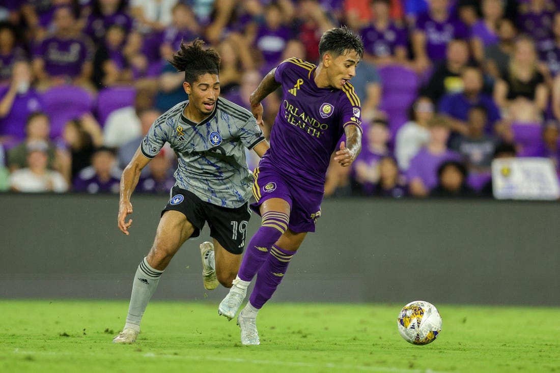 Sep 30, 2023; Orlando, Florida, USA;  Orlando City SC forward Facundo Torres (17) controls the ball from CF Montreal midfielder Nathan-Dylan Saliba (19) in the second half at Exploria Stadium. Mandatory Credit: Nathan Ray Seebeck-USA TODAY Sports