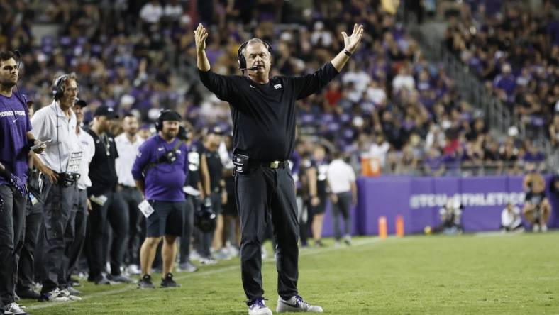 Sep 30, 2023; Fort Worth, Texas, USA; TCU Horned Frogs head coach Sonny Dykes reacts to a call in the third quarter against the West Virginia Mountaineers  at Amon G. Carter Stadium. Mandatory Credit: Tim Heitman-USA TODAY Sports