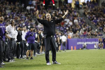 Sep 30, 2023; Fort Worth, Texas, USA; TCU Horned Frogs head coach Sonny Dykes reacts to a call in the third quarter against the West Virginia Mountaineers  at Amon G. Carter Stadium. Mandatory Credit: Tim Heitman-USA TODAY Sports