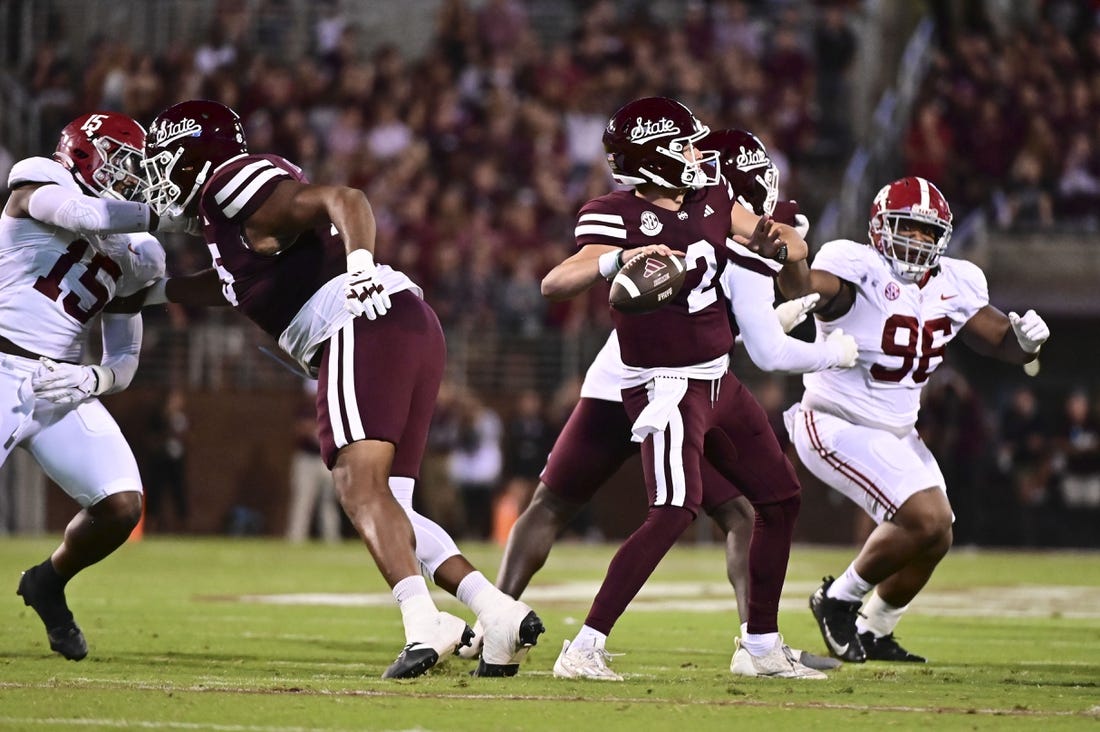 Sep 30, 2023; Starkville, Mississippi, USA; Mississippi State Bulldogs quarterback Will Rogers (2) passes against the Alabama Crimson Tide during the second half at Davis Wade Stadium at Scott Field. Mandatory Credit: Matt Bush-USA TODAY Sports