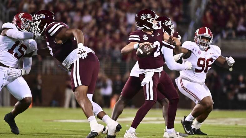 Sep 30, 2023; Starkville, Mississippi, USA; Mississippi State Bulldogs quarterback Will Rogers (2) passes against the Alabama Crimson Tide during the second half at Davis Wade Stadium at Scott Field. Mandatory Credit: Matt Bush-USA TODAY Sports