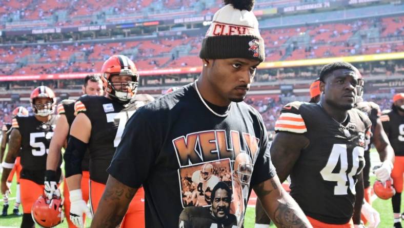 Oct 1, 2023; Cleveland, Ohio, USA; Cleveland Browns quarterback Deshaun Watson (4) walks off the field after warm ups before the game between the Browns and the Baltimore Ravens at Cleveland Browns Stadium. Mandatory Credit: Ken Blaze-USA TODAY Sports