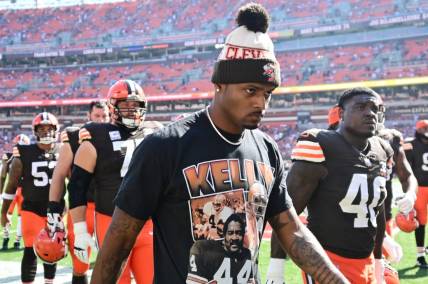 Oct 1, 2023; Cleveland, Ohio, USA; Cleveland Browns quarterback Deshaun Watson (4) walks off the field after warm ups before the game between the Browns and the Baltimore Ravens at Cleveland Browns Stadium. Mandatory Credit: Ken Blaze-USA TODAY Sports