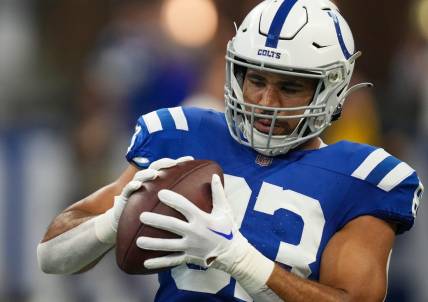 Indianapolis Colts tight end Kylen Granson (83) practices receiving before facing the Los Angeles Rams on Sunday, Oct. 1, 2023, in Indianapolis.