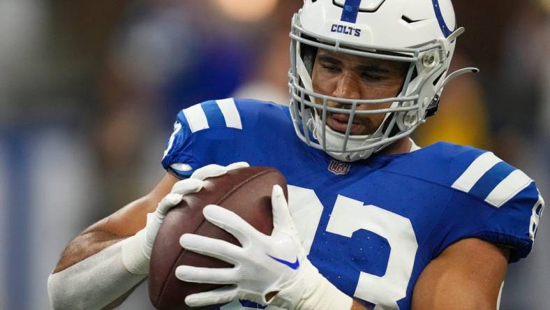 Indianapolis Colts tight end Kylen Granson (83) practices receiving before facing the Los Angeles Rams on Sunday, Oct. 1, 2023, in Indianapolis.