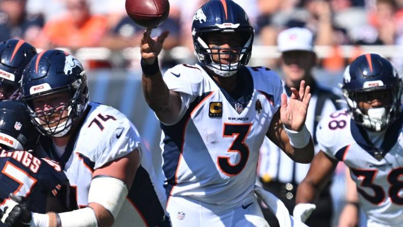 Oct 1, 2023; Chicago, Illinois, USA;  Denver Broncos quarterback Russell Wilson (3) passes in the second quarter against the Chicago Bears at Soldier Field. Mandatory Credit: Jamie Sabau-USA TODAY Sports