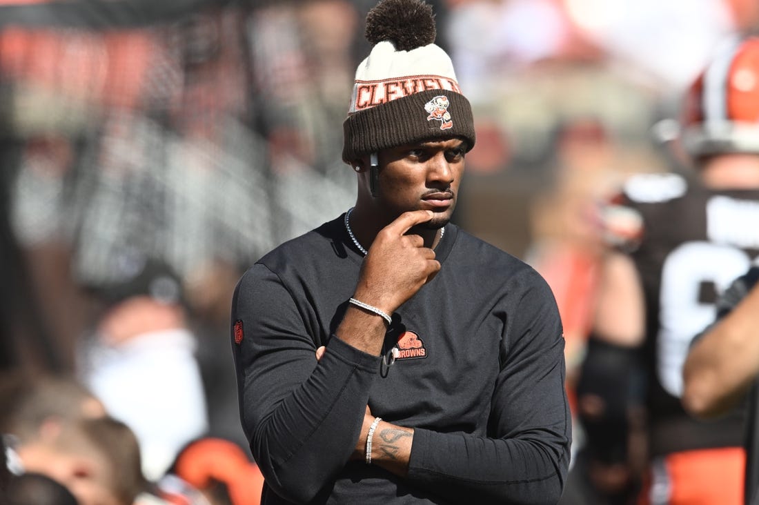 Oct 1, 2023; Cleveland, Ohio, USA; Cleveland Browns quarterback Deshaun Watson (4) watches from the sidelines during the first half against the Baltimore Ravens at Cleveland Browns Stadium. Mandatory Credit: Ken Blaze-USA TODAY Sports