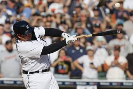 Oct 1, 2023; Detroit, Michigan, USA;  Detroit Tigers designated hitter Miguel Cabrera (24) breaks his bat flying out in the fourth inning against the Cleveland Guardians at Comerica Park. Mandatory Credit: Rick Osentoski-USA TODAY Sports