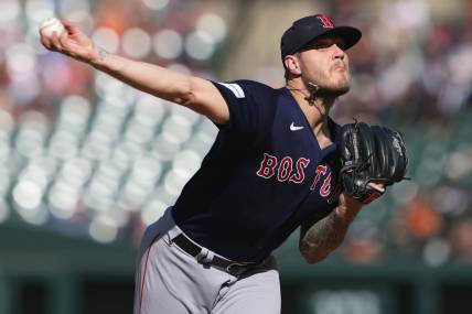 Oct 1, 2023; Baltimore, Maryland, USA; Boston Red Sox pitcher Tanner Houck (89) delivers in the first inning against the Baltimore Orioles at Oriole Park at Camden Yards. Mandatory Credit: Mitch Stringer-USA TODAY Sports