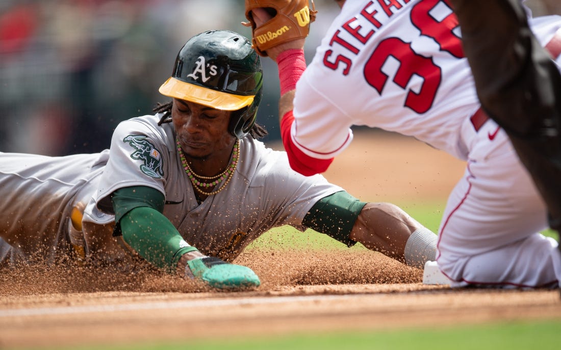 Oct 1, 2023; Anaheim, California, USA; Oakland Athletics right fielder Esteury Ruiz (1) steals second base against Los Angeles Angels second baseman Michael Stefanic (38) during the third inning at Angel Stadium. Mandatory Credit: Jonathan Hui-USA TODAY Sports