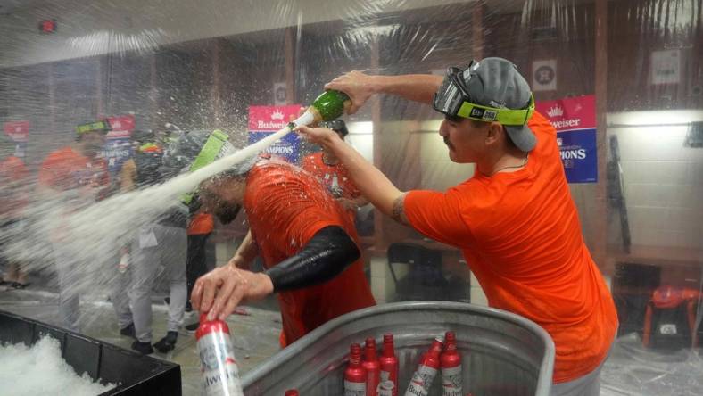 Oct 1, 2023; Phoenix, Arizona, USA; Houston Astros pitcher JP France celebrates after clinching the American League west division with their victory over the Arizona Diamondbacks at Chase Field. Mandatory Credit: Joe Camporeale-USA TODAY Sports