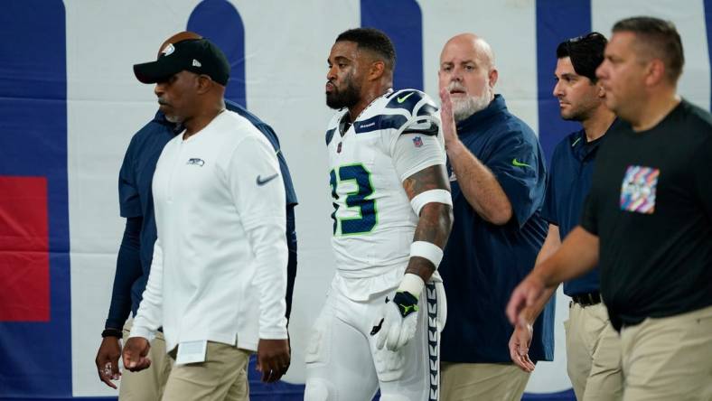 Seattle Seahawks safety Jamal Adams (33) walks off the field due to injury in the first half against the New York Giants at MetLife Stadium on Monday, Oct. 2, 2023, in East Rutherford.