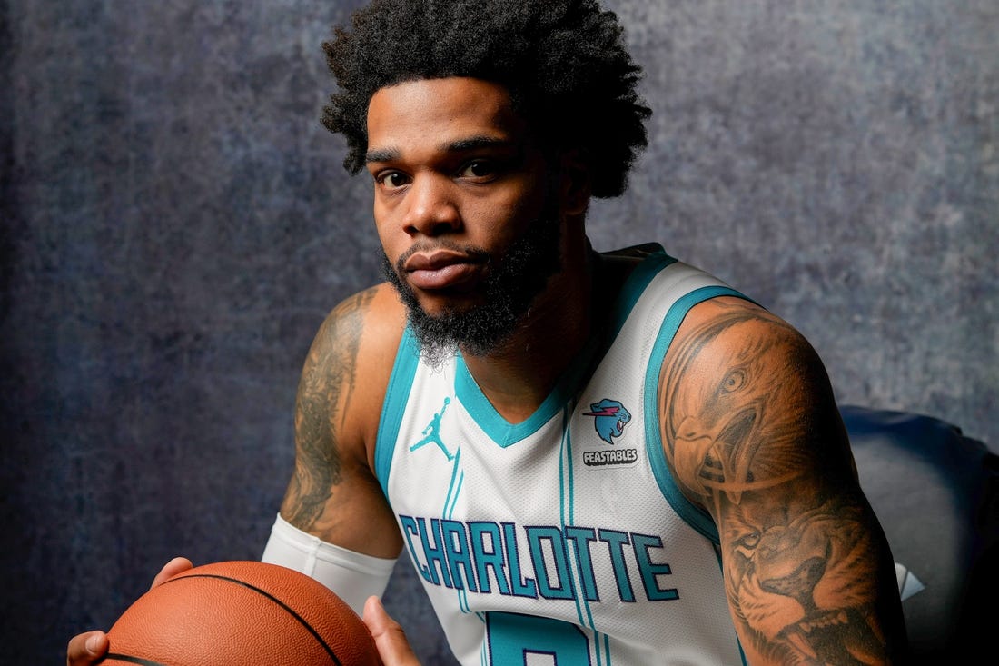 Oct 2, 2023; Charlotte, North Carolina, USA;  Charlotte Hornets Miles Bridges (0) poses for a photo during Charlotte Hornets Media Day at the Spectrum Center. Mandatory Credit: Jim Dedmon-USA TODAY Sports