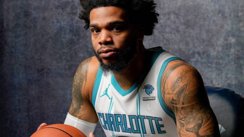 Oct 2, 2023; Charlotte, North Carolina, USA;  Charlotte Hornets Miles Bridges (0) poses for a photo during Charlotte Hornets Media Day at the Spectrum Center. Mandatory Credit: Jim Dedmon-USA TODAY Sports