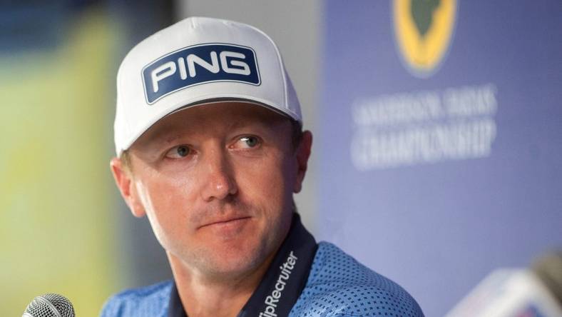 Sanderson Farms Championship 2022 winner Mackenzie Hughes speaks about returning to the course for the tournament during a news conference at the Country Club of Jackson in Jackson, Miss., Tuesday, Oct. 3, 2023.