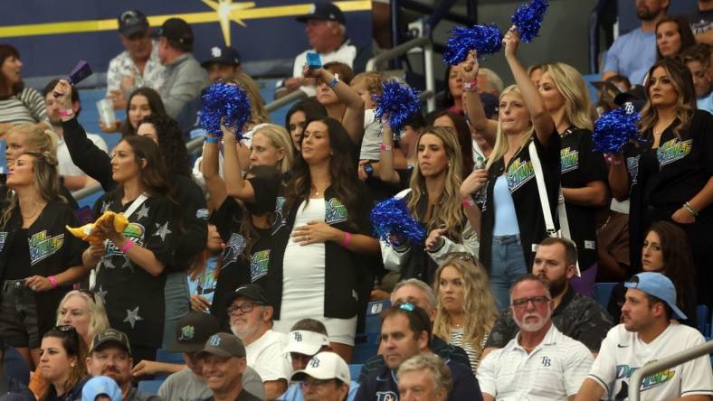 Oct 3, 2023; St. Petersburg, Florida, USA; Wives and girlfriends of Tampa Bay Rays players look on in the eighth inning against the Texas Rangers during game one of the Wildcard series for the 2023 MLB playoffs at Tropicana Field. Mandatory Credit: Kim Klement Neitzel-USA TODAY Sports