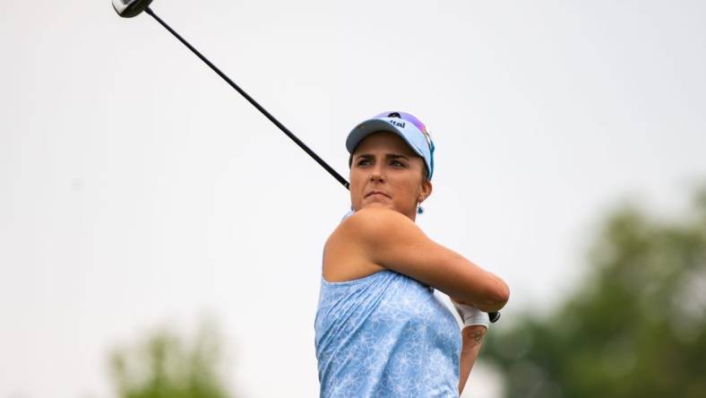 Lexi Thompson drives the ball down the fairway after teeing off in the Meijer LPGA Classic at Blythefield Country Club in Belmont, Mich., on June 15, 2023.