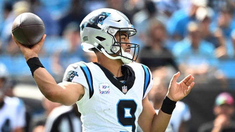 Oct 1, 2023; Charlotte, North Carolina, USA; Carolina Panthers quarterback Bryce Young (9) looks to pass in the third quarter at Bank of America Stadium. Mandatory Credit: Bob Donnan-USA TODAY Sports