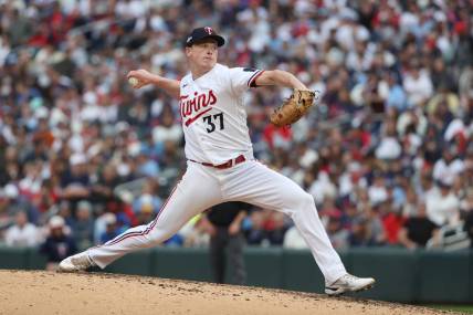 Oct 4, 2023; Minneapolis, Minnesota, USA; Minnesota Twins relief pitcher Louie Varland (37) pitches in the sixth inning against the Toronto Blue Jays during game two of the Wildcard series for the 2023 MLB playoffs at Target Field. Mandatory Credit: Jesse Johnson-USA TODAY Sports