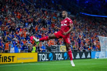 Oct 4, 2023; Cincinnati, Ohio, USA;  New York Red Bulls forward Elias Manoel (11) celebrates scoring a goal against FC Cincinnati in the second half at TQL Stadium. The goal was overturned after a video review. Mandatory Credit: Aaron Doster-USA TODAY Sports