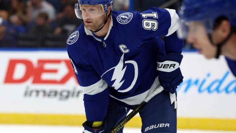 Oct 5, 2023; Tampa, Florida, USA;Tampa Bay Lightning center Steven Stamkos (91) looks on against the Florida Panthers during the first period at Amalie Arena. Mandatory Credit: Kim Klement Neitzel-USA TODAY Sports