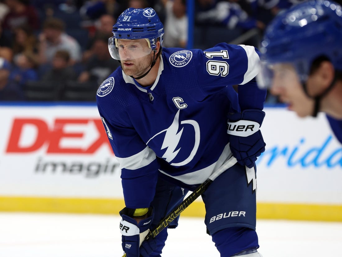Oct 5, 2023; Tampa, Florida, USA;Tampa Bay Lightning center Steven Stamkos (91) looks on against the Florida Panthers during the first period at Amalie Arena. Mandatory Credit: Kim Klement Neitzel-USA TODAY Sports