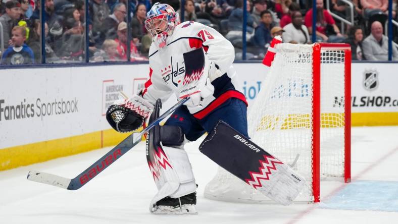 Oct 5, 2023; Columbus, Ohio, USA;  Washington Capitals goaltender Charlie Lindgren (79) skates for the puck against the Columbus Blue Jackets in the second period at Nationwide Arena. Mandatory Credit: Aaron Doster-USA TODAY Sports