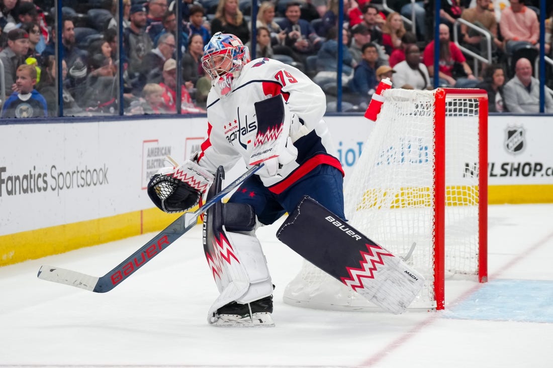 Oct 5, 2023; Columbus, Ohio, USA;  Washington Capitals goaltender Charlie Lindgren (79) skates for the puck against the Columbus Blue Jackets in the second period at Nationwide Arena. Mandatory Credit: Aaron Doster-USA TODAY Sports