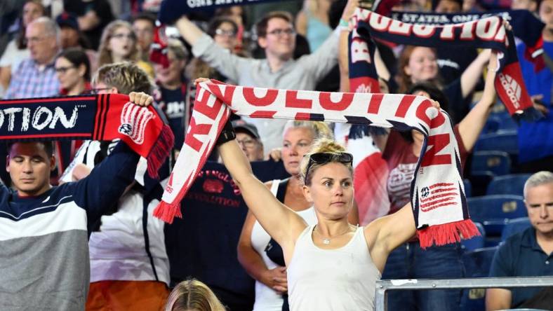 Oct 4, 2023; Foxborough, Massachusetts, USA; New England Revolution fans cheer before a game against the Columbus Crew at Gillette Stadium. Mandatory Credit: Brian Fluharty-USA TODAY Sports