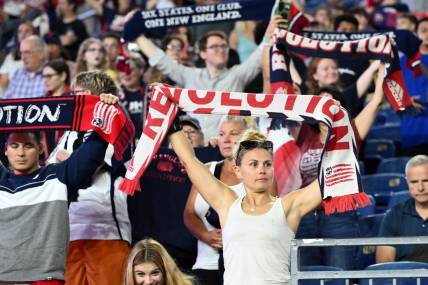 Oct 4, 2023; Foxborough, Massachusetts, USA; New England Revolution fans cheer before a game against the Columbus Crew at Gillette Stadium. Mandatory Credit: Brian Fluharty-USA TODAY Sports