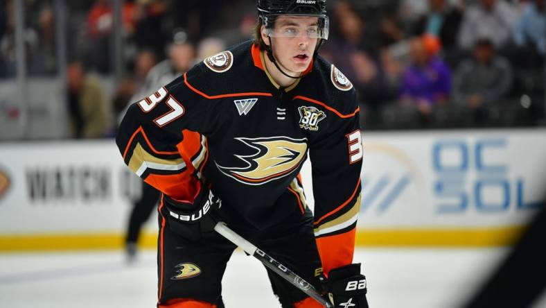 Oct 5, 2023; Anaheim, California, USA; Anaheim Ducks center Leo Carlsson (37) against the Arizona Coyotes during the second period at Honda Center. Mandatory Credit: Gary A. Vasquez-USA TODAY Sports