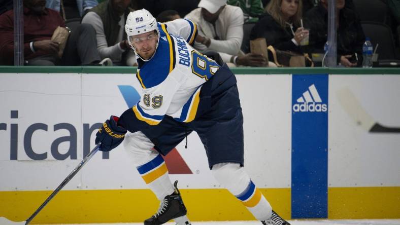 Oct 5, 2023; Dallas, Texas, USA; St. Louis Blues left wing Pavel Buchnevich (89) in action during the game between the Dallas Stars and the St. Louis Blues at the American Airlines Center. Mandatory Credit: Jerome Miron-USA TODAY Sports