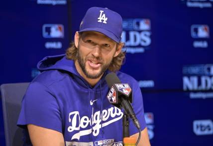 Oct 6, 2023; Los Angeles, CA, USA;  Los Angeles Dodgers starting pitcher Clayton Kershaw (22) speaks during a news conference at the NLDS workouts at Dodgers Stadium. Mandatory Credit: Jayne Kamin-Oncea-USA TODAY Sports