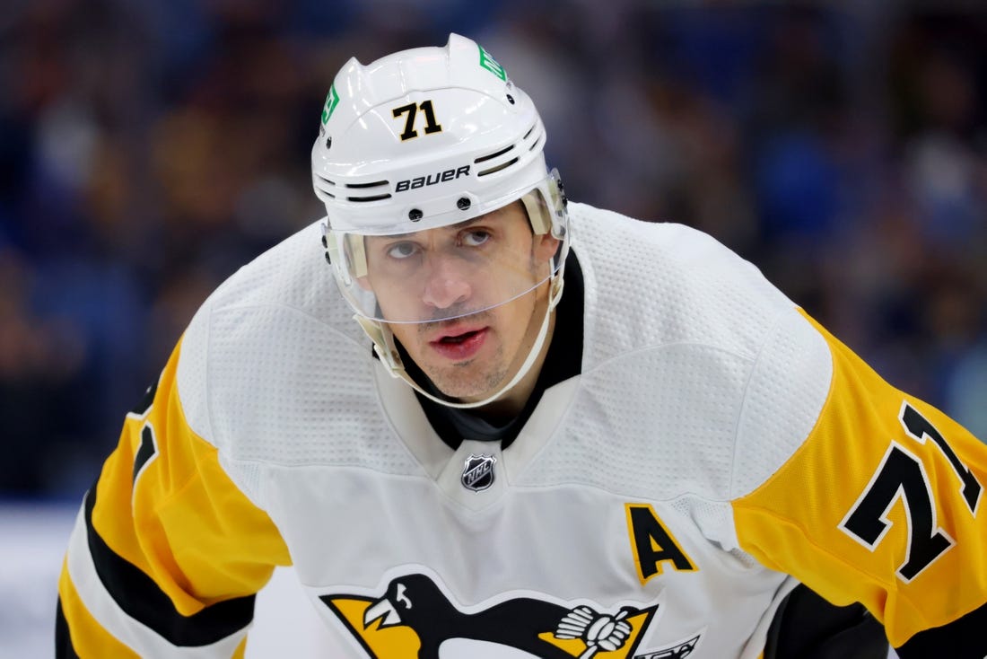 Oct 6, 2023; Buffalo, New York, USA;  Pittsburgh Penguins center Evgeni Malkin (71) waits for the face-off during the third period against the Buffalo Sabres at KeyBank Center. Mandatory Credit: Timothy T. Ludwig-USA TODAY Sports