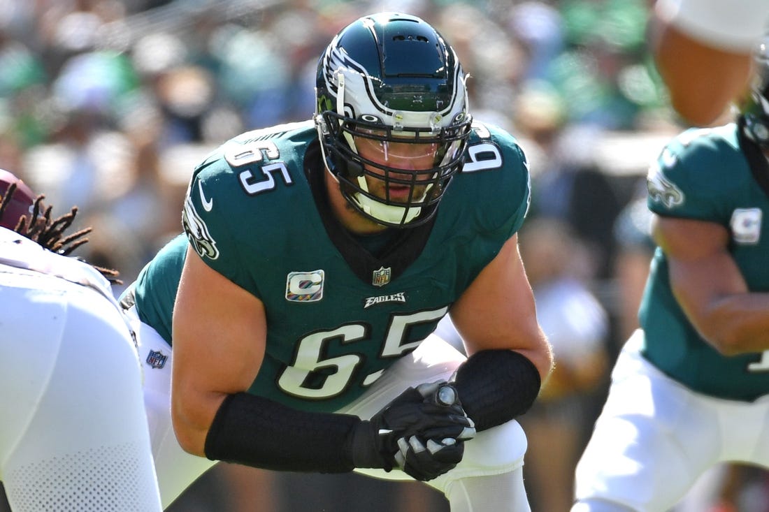 Oct 1, 2023; Philadelphia, Pennsylvania, USA; Philadelphia Eagles offensive tackle Lane Johnson (65) against the Washington Commanders at Lincoln Financial Field. Mandatory Credit: Eric Hartline-USA TODAY Sports