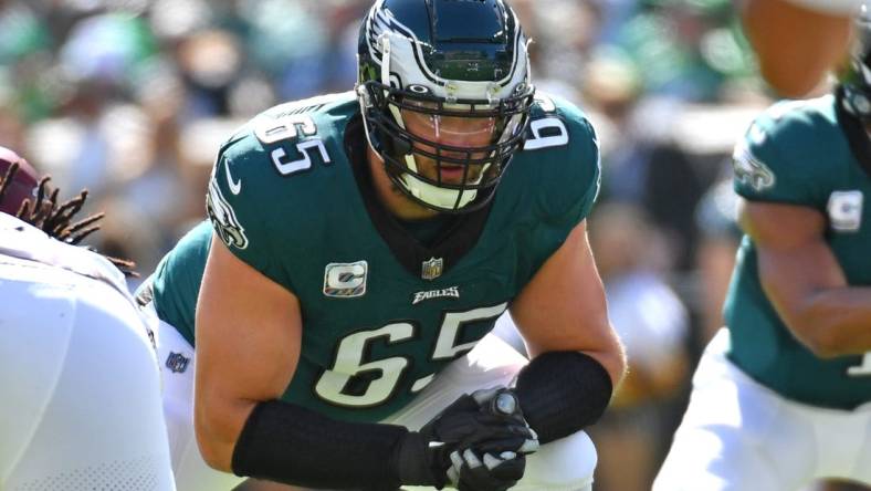 Oct 1, 2023; Philadelphia, Pennsylvania, USA; Philadelphia Eagles offensive tackle Lane Johnson (65) against the Washington Commanders at Lincoln Financial Field. Mandatory Credit: Eric Hartline-USA TODAY Sports