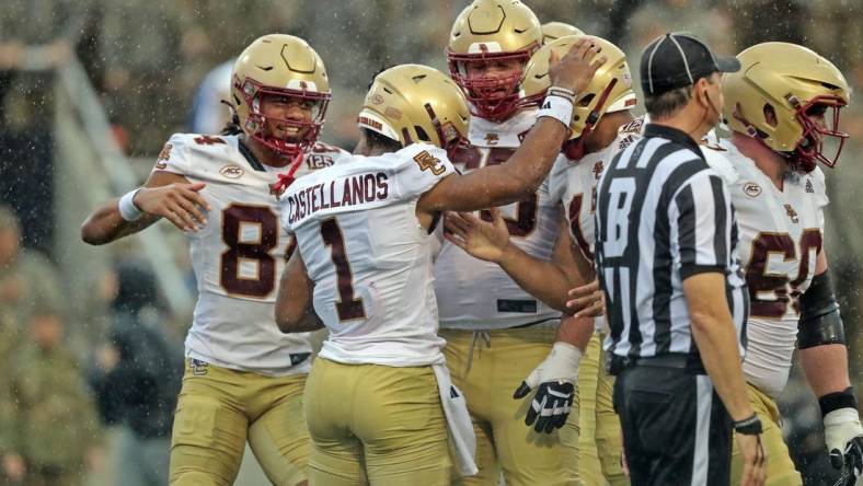 Oct 7, 2023; West Point, New York, USA; Boston College Eagles quarterback Thomas Castellanos (1) celebrates his touchdown against the Army Black Knights during the first half at Michie Stadium. Mandatory Credit: Danny Wild-USA TODAY Sports