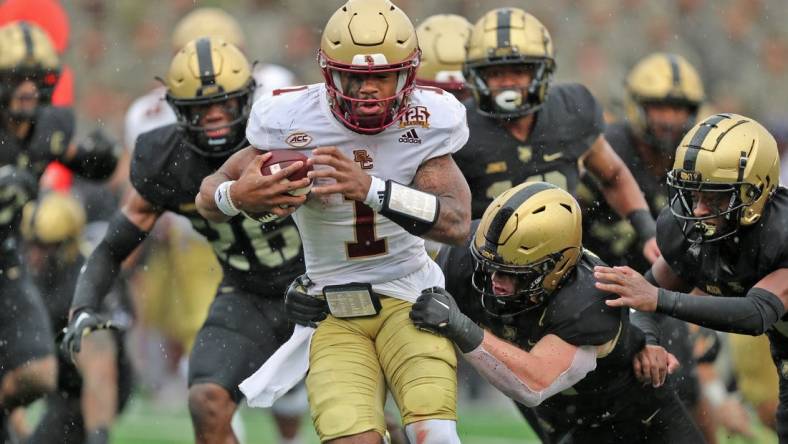 Oct 7, 2023; West Point, New York, USA; Boston College Eagles quarterback Thomas Castellanos (1) carries the ball against the Army Black Knights during the second half at Michie Stadium. Mandatory Credit: Danny Wild-USA TODAY Sports