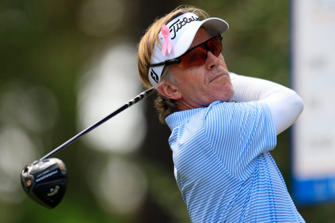 Brett Quigley plays his shot from the sixth tee during the second round of the Constellation Furyk & Friends PGA Tour Champions golf tournament Saturday, Oct. 7, 2023 at Timuquana Country Club in Jacksonville, Fla. [Corey Perrine/Florida Times-Union]