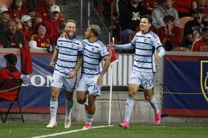 Oct 7, 2023; Sandy, Utah, USA; Sporting Kansas City forward Johnny Russell (7) celebrates after his second half goal against the Real Salt Lake at America First Field. Mandatory Credit: Jeff Swinger-USA TODAY Sports