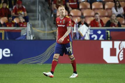 Oct 7, 2023; Sandy, Utah, USA; Real Salt Lake defender Justen Glad (15) walks off the field after a red card ejection in the opening minutes against the Sporting Kansas City at America First Field. Mandatory Credit: Jeff Swinger-USA TODAY Sports